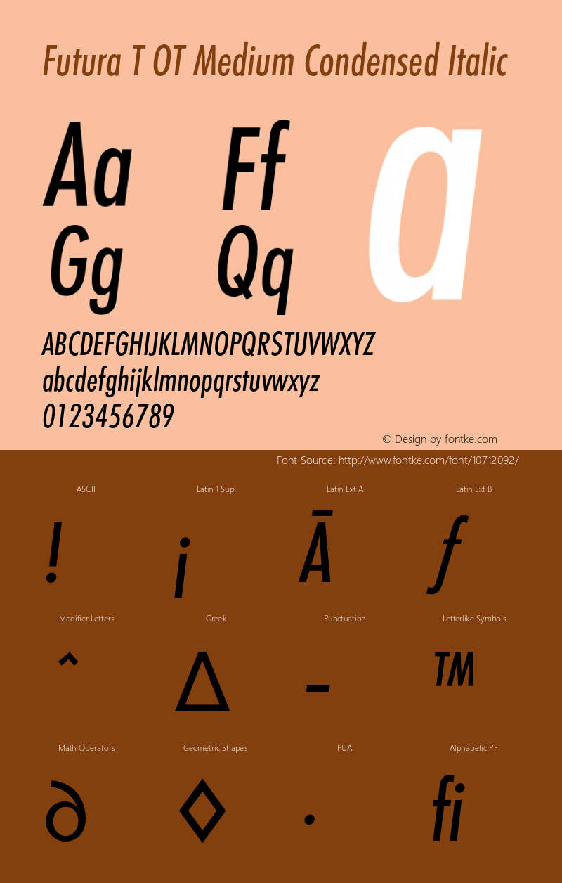 Futura T OT Medium Condensed Italic OTF 1.001;PS 1.05;Core 1.0.27;makeotf.lib(1.11) Font Sample