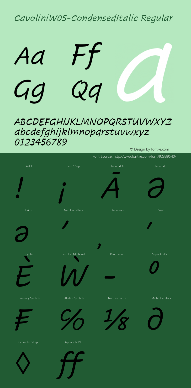 Cavolini W05 Condensed Italic Version 1.00 Font Sample