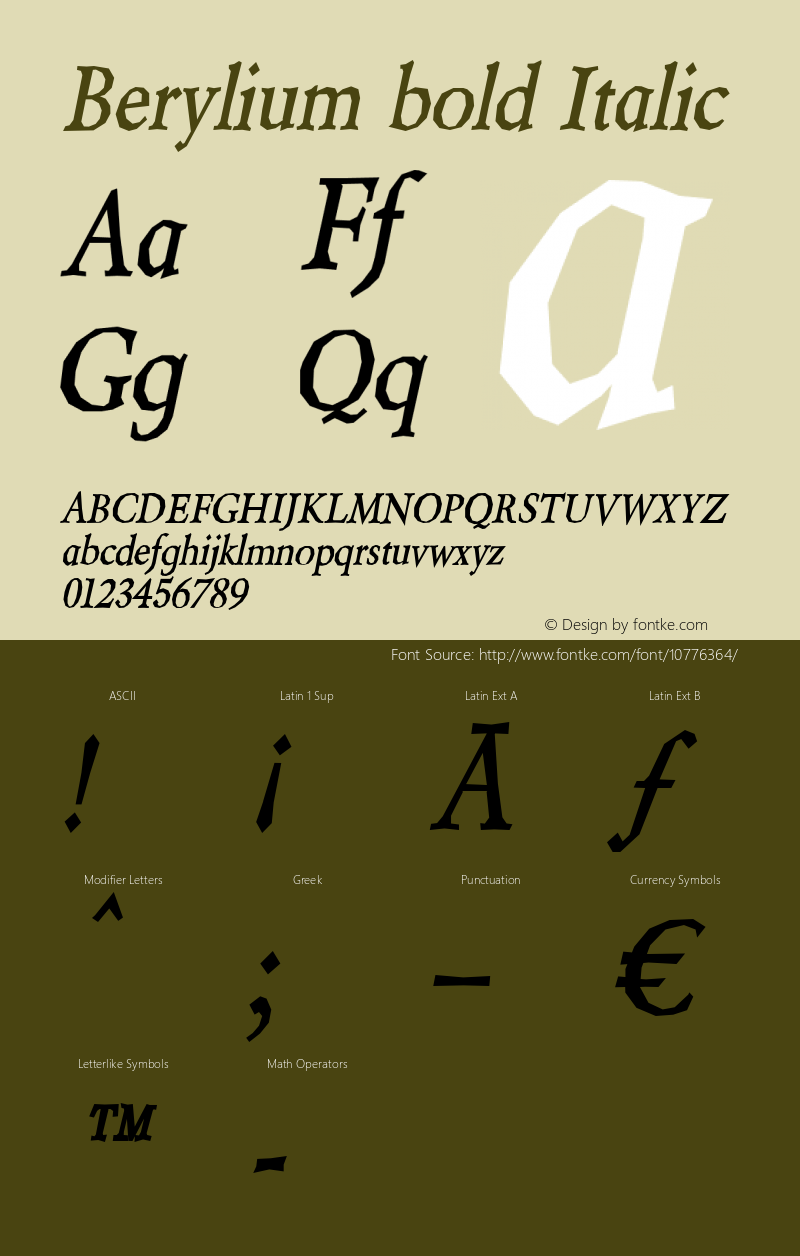 Berylium bold Italic Version 2.000 2004 Font Sample