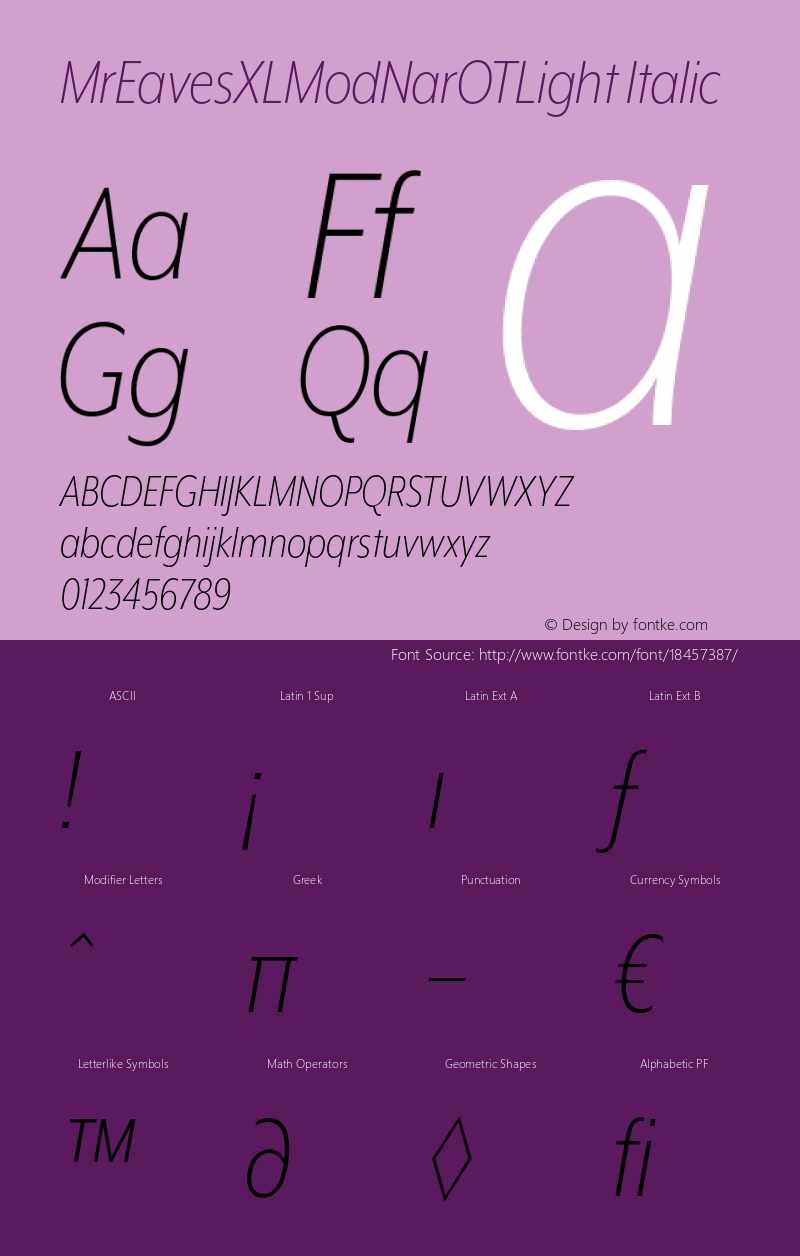 MrEavesXLModNarOTLight Italic Version 1.000;PS 001.000;hotconv 1.0.57;makeotf.lib2.0.21895 Font Sample