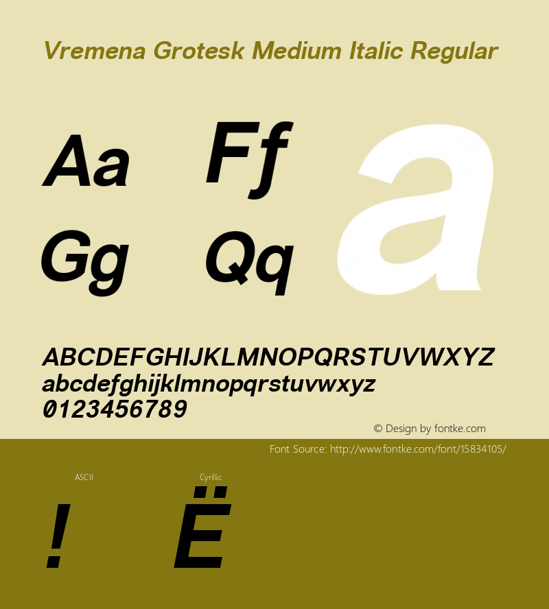 Vremena Grotesk Medium Italic Regular Version 001.001 ; ttfautohint (v1.4.1) Font Sample