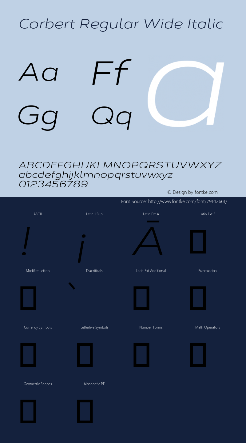 Corbert Regular Wide Italic Version 002.001 March 2020 Font Sample