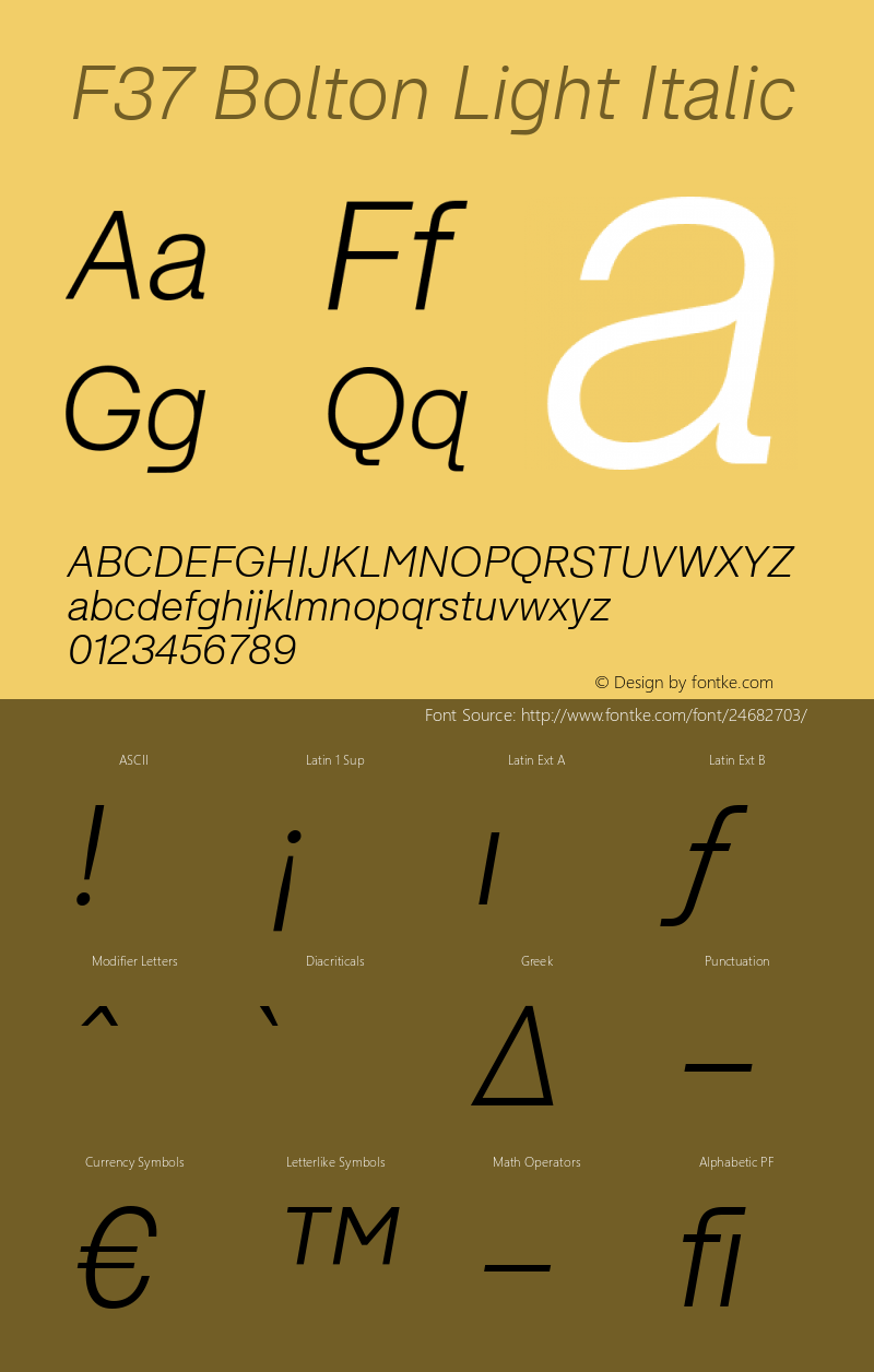 F37Bolton-LightItalic Version 1.000;PS 001.000;hotconv 1.0.88;makeotf.lib2.5.64775 Font Sample