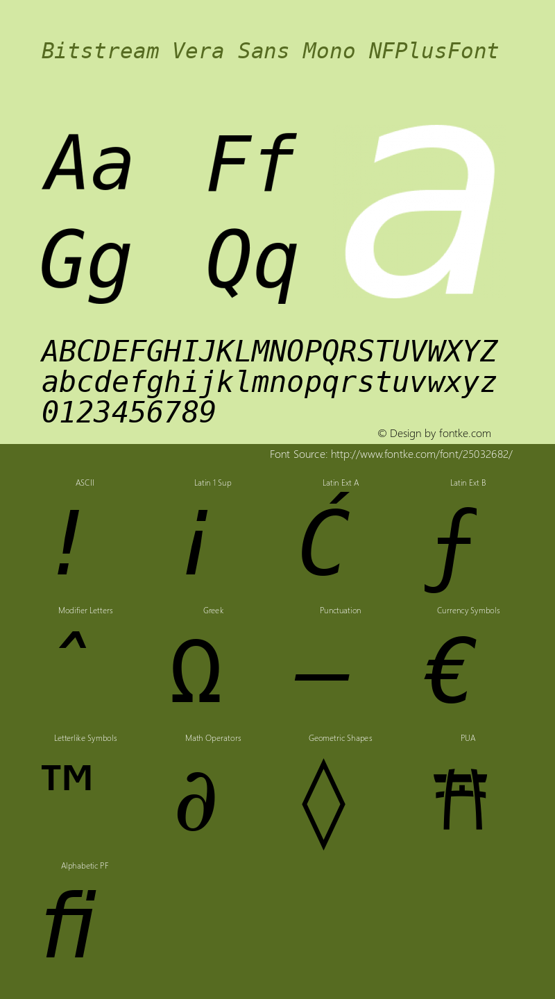 Bitstream Vera Sans Mono Oblique Nerd Font Plus Font Awesome Plus Pomicons Mono Windows Compatible Release 1.10 Font Sample