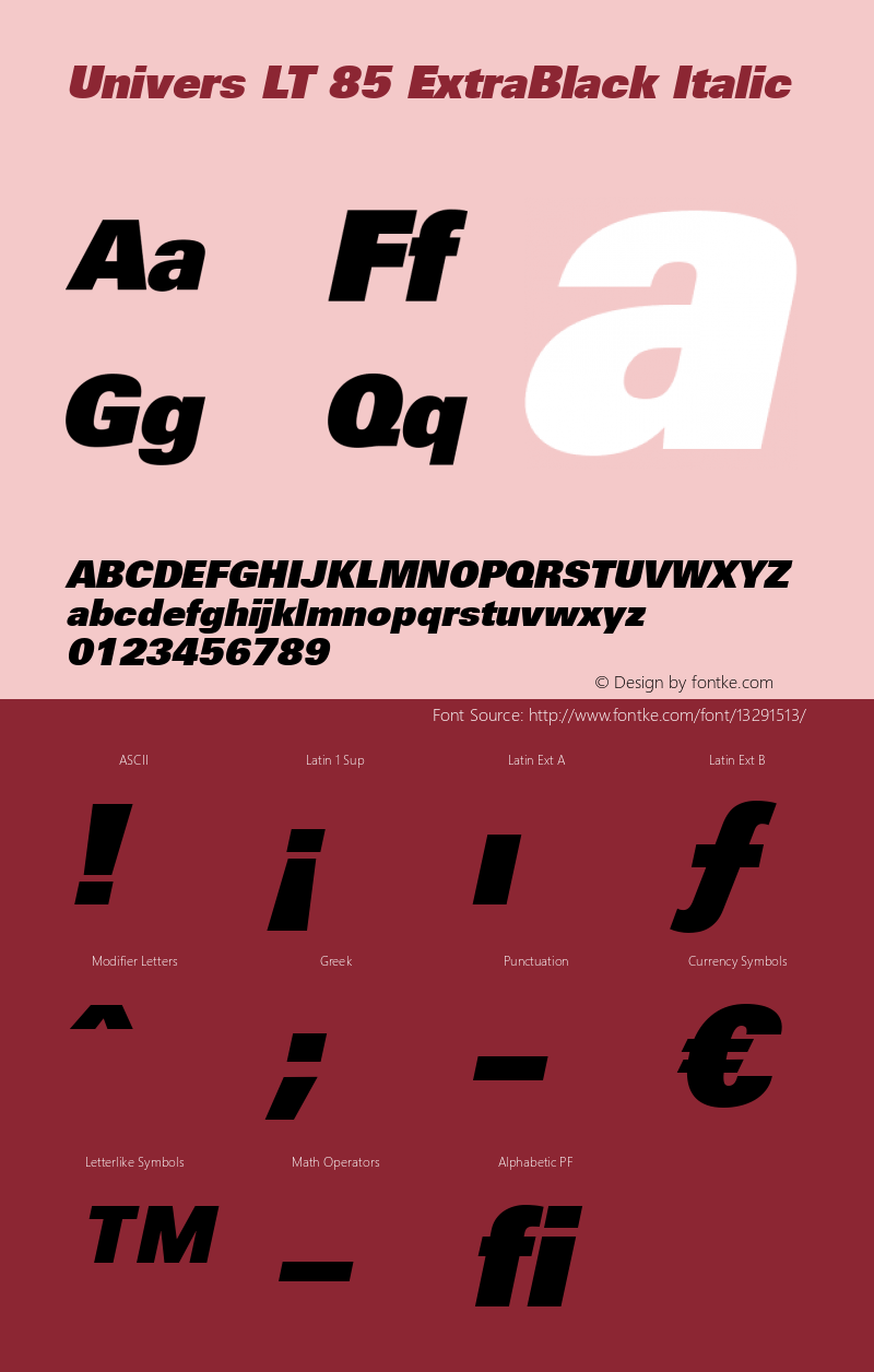 Univers LT 85 ExtraBlack Italic Version 6.1; 2002 Font Sample