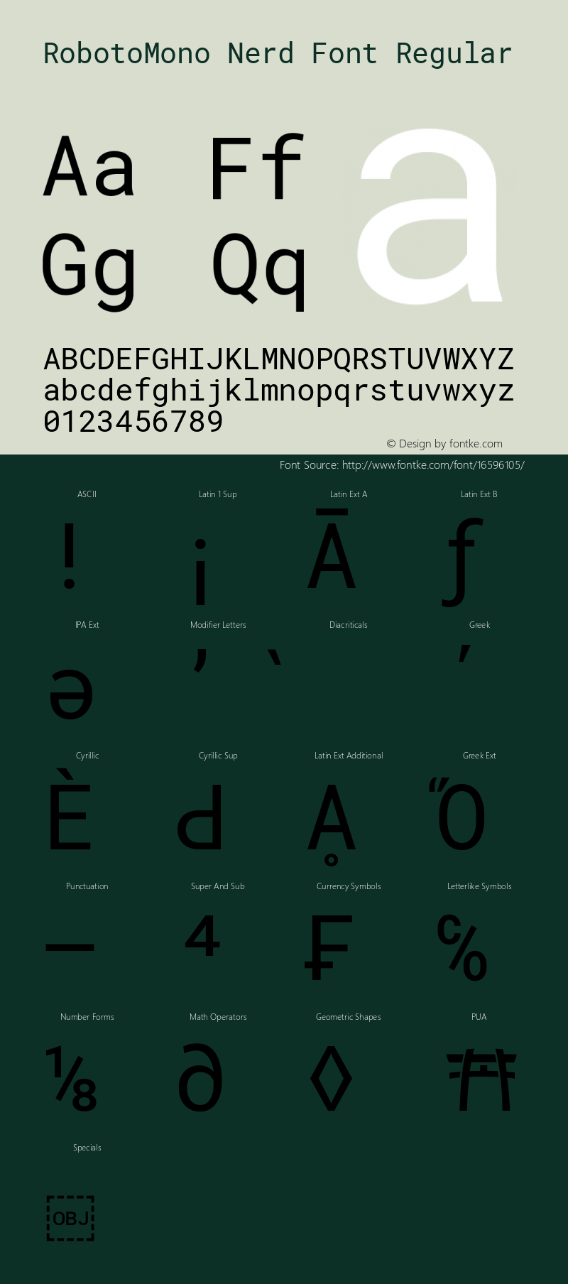 RobotoMono Nerd Font Regular Version 2.000986; 2015; ttfautohint (v1.3) Font Sample