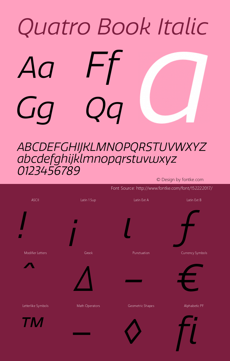 Quatro-BookItalic Version 1.30 Font Sample