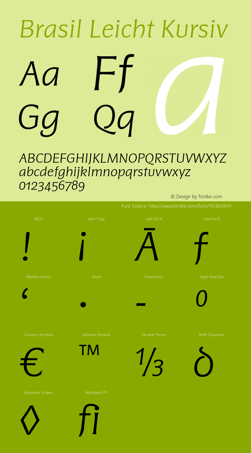 Brasil Leicht Kursiv Version 2.001 Font Sample