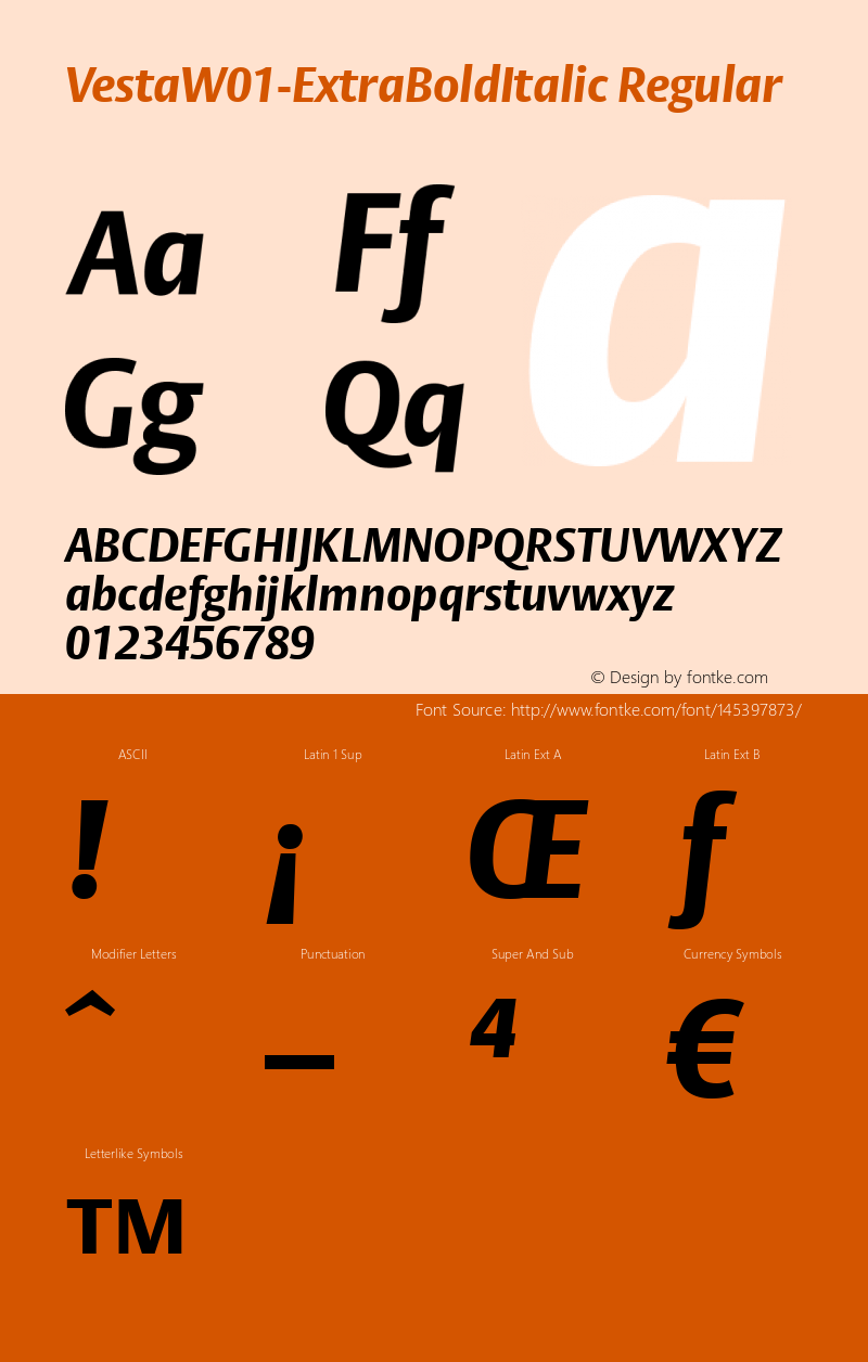 Vesta W01 ExtraBold Italic Version 1.00 Font Sample