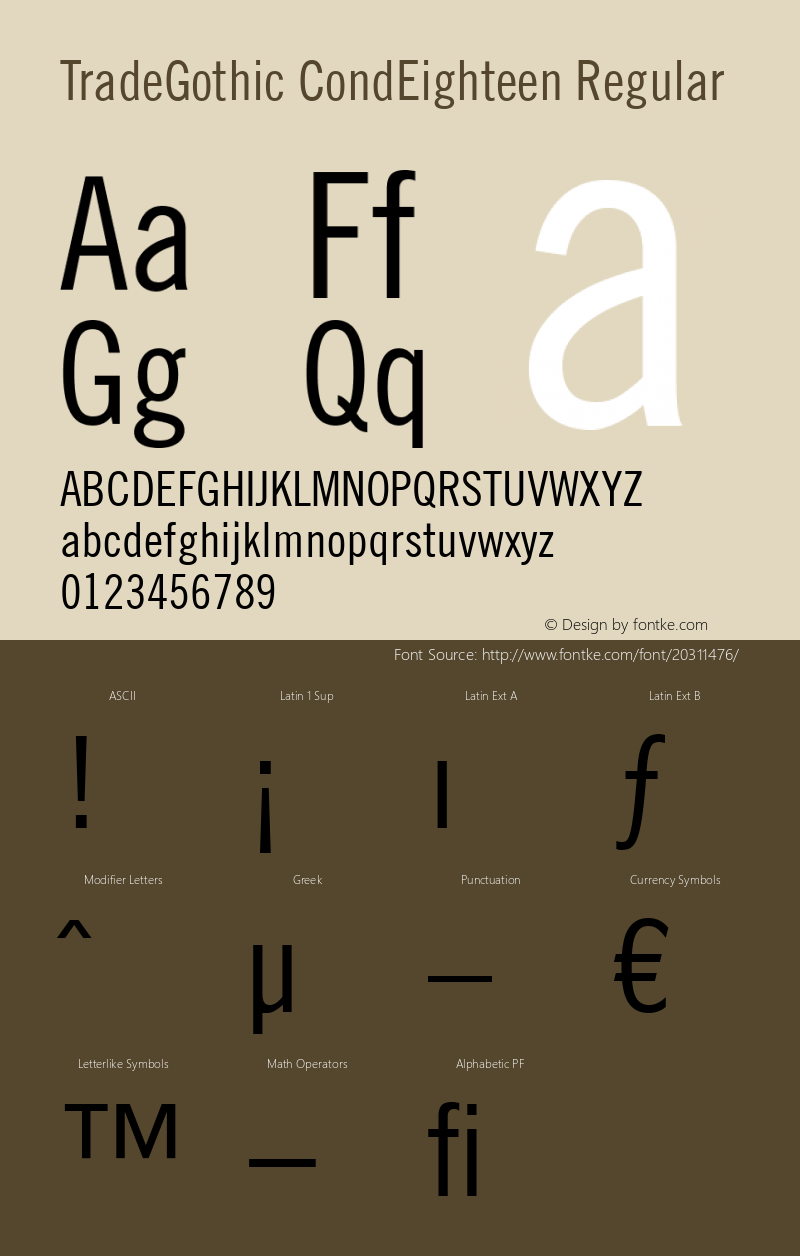 Trade Gothic Condensed No. 18 Version 2.0; 2001 Font Sample