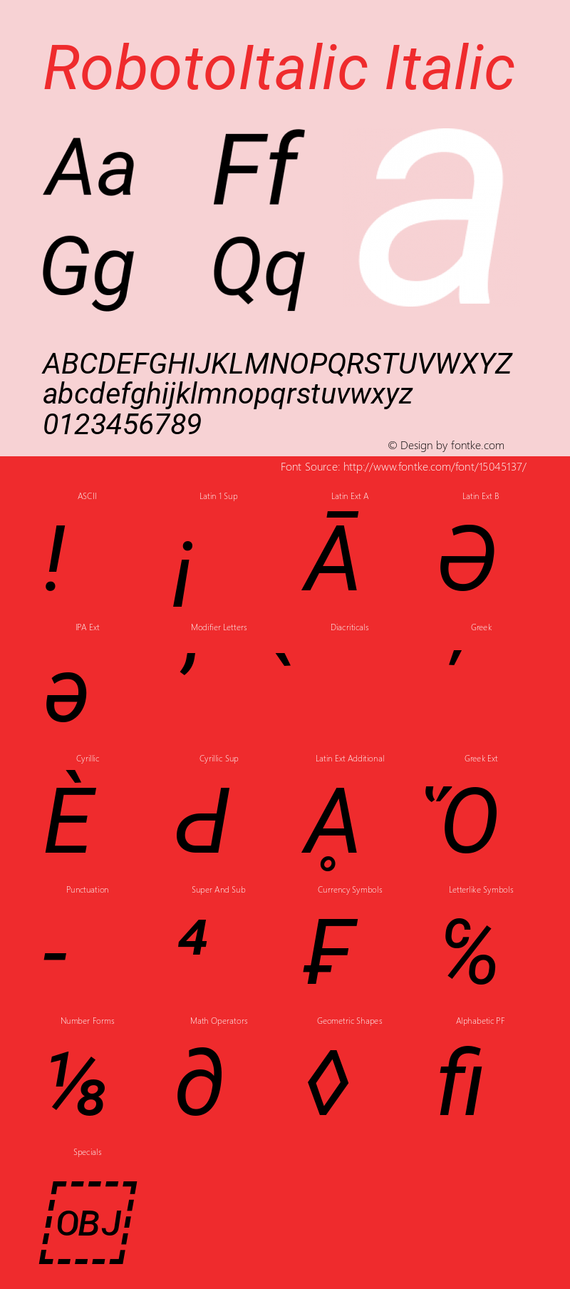 RobotoItalic Italic Version 2.001101; 2014 Font Sample