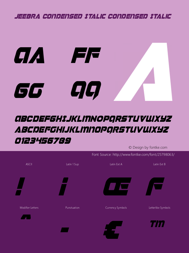 Jeebra Condensed Italic Version 1.0; 2018 Font Sample