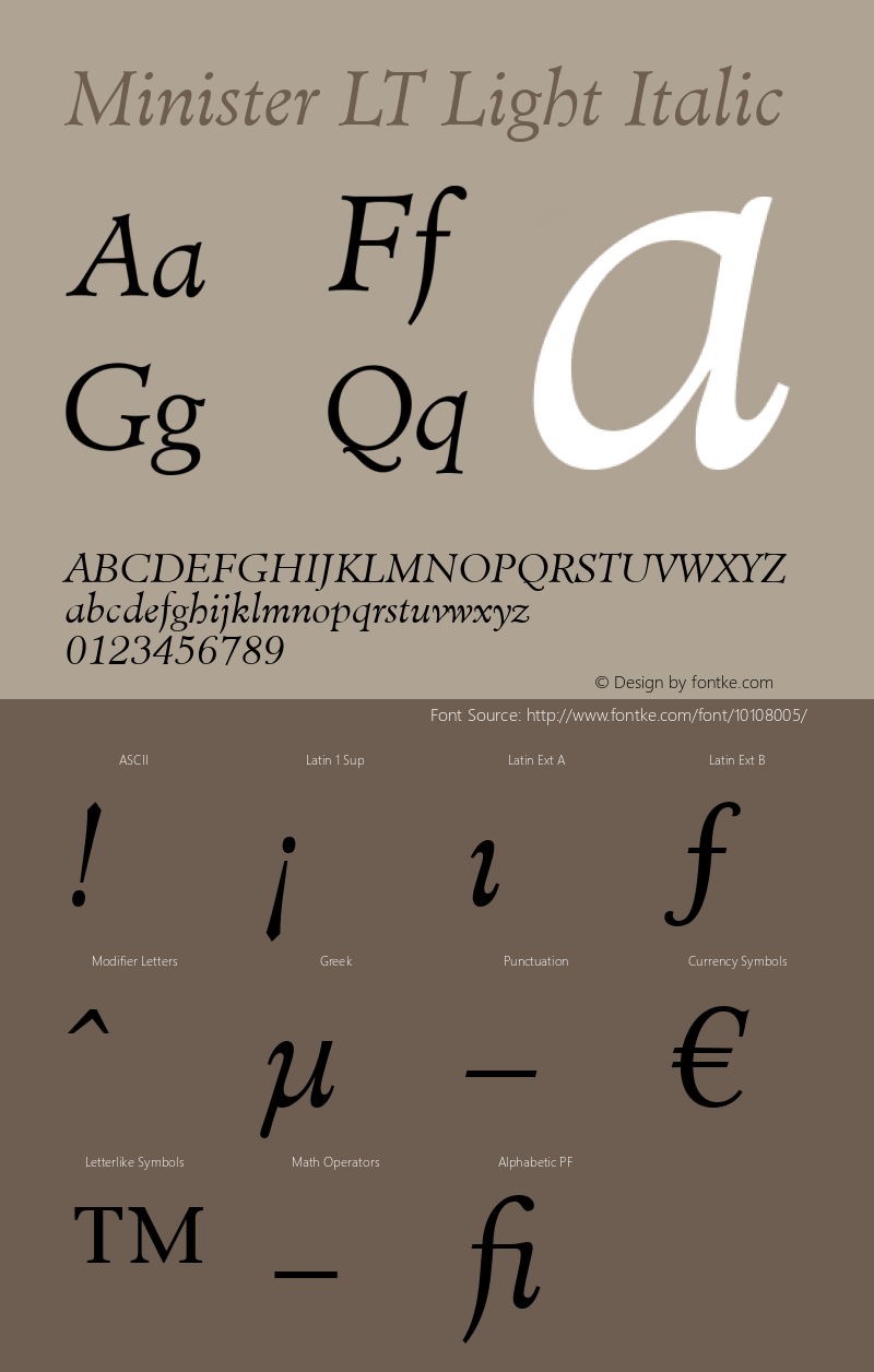 Minister LT Light Italic Version 6.1; 2002 Font Sample