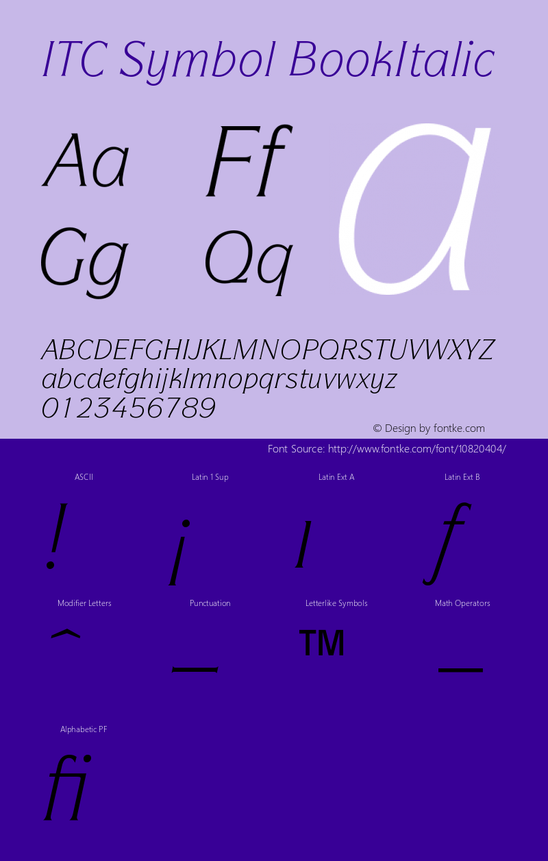 ITC Symbol BookItalic Version 001.000 Font Sample