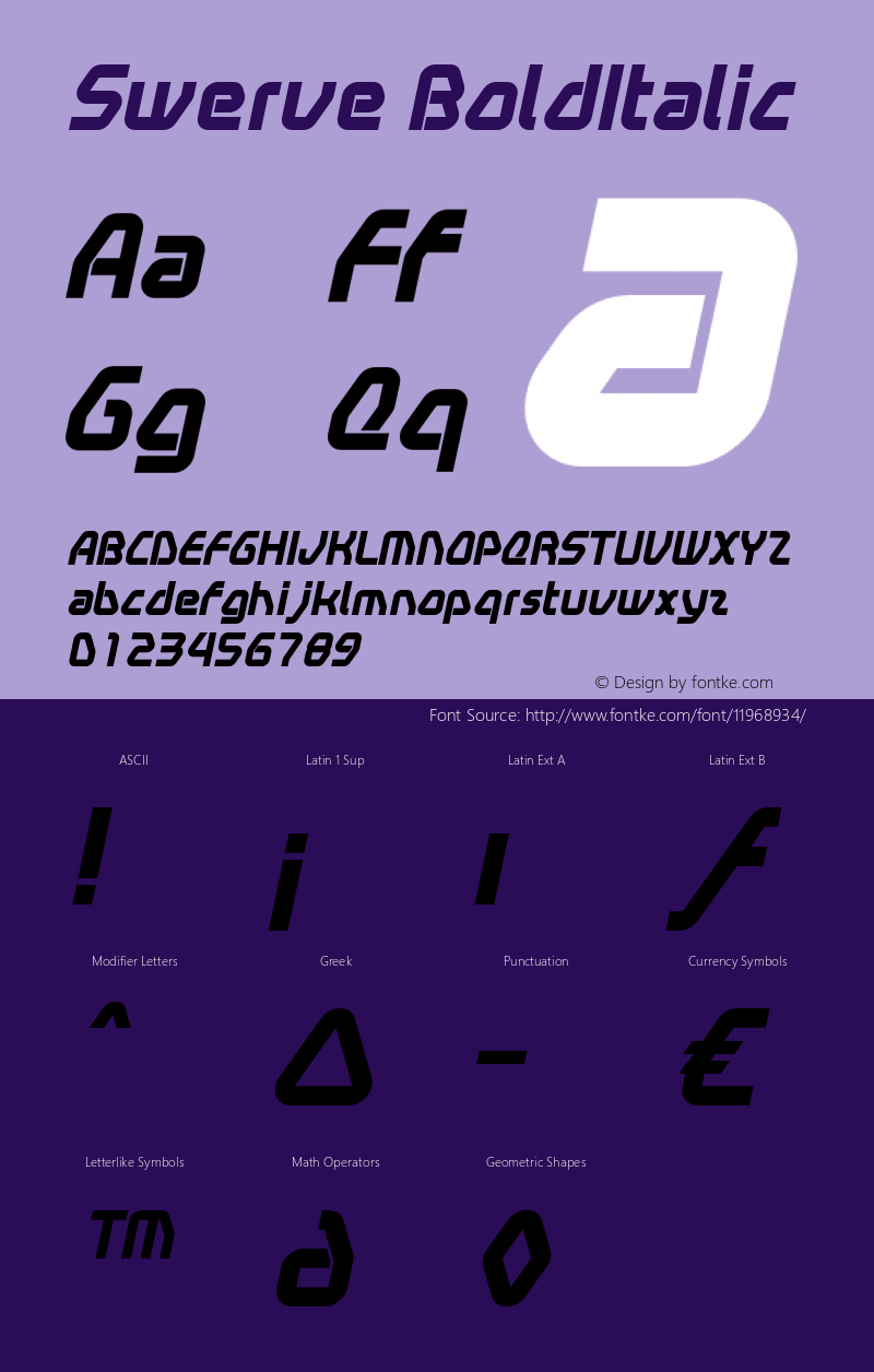 Swerve BoldItalic Macromedia Fontographer 4.1.5 12/5/00 Font Sample