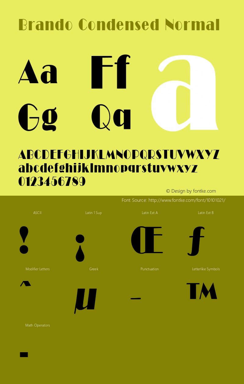 Brando Condensed Normal Altsys Fontographer 4.1 1/30/95 Font Sample