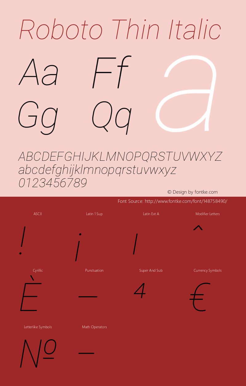 Roboto Thin Italic Version 2.137; 2017 Font Sample