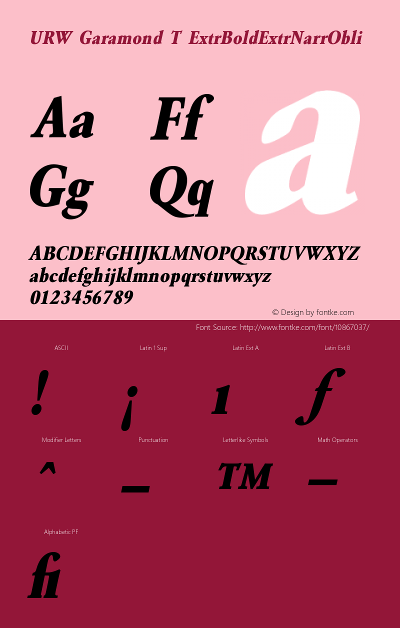 URW Garamond T ExtrBoldExtrNarrObli Version 001.005 Font Sample