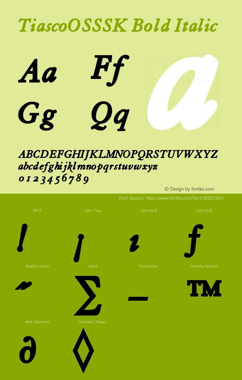 TiascoOSSSK Bold Italic Altsys Metamorphosis:9/15/94 Font Sample