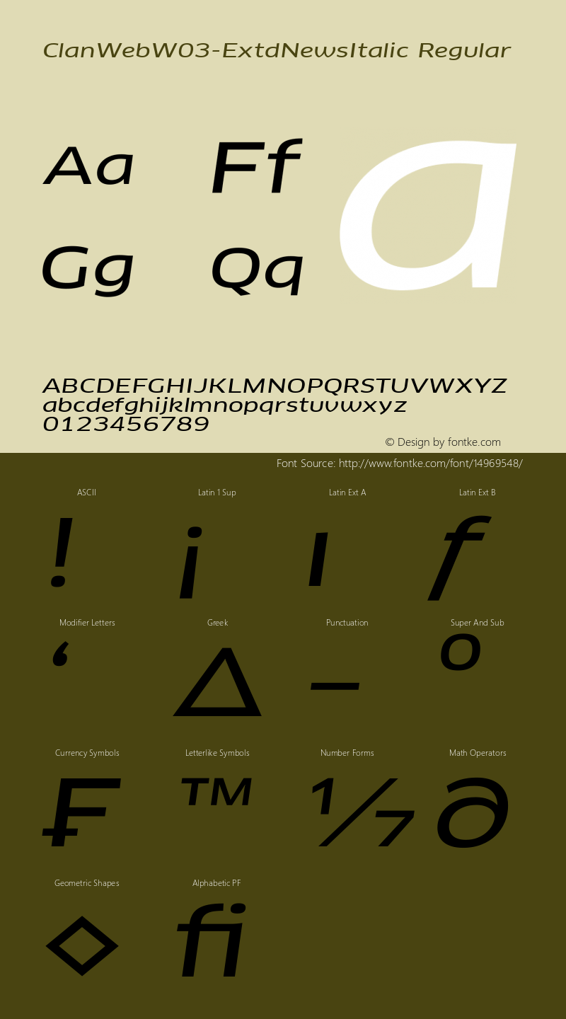 ClanWebW03-ExtdNewsItalic Regular Version 7.504 Font Sample