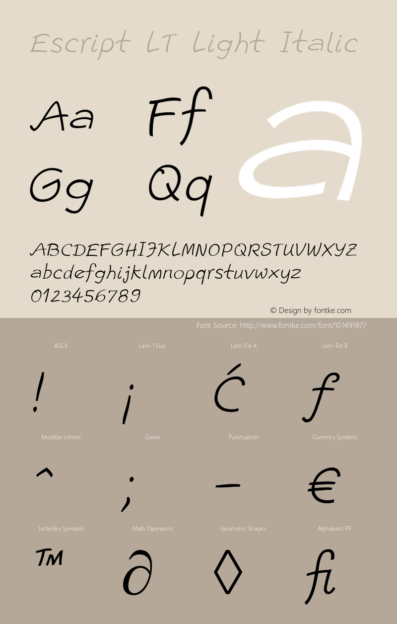 Escript LT Light Italic Version 1.000 Font Sample