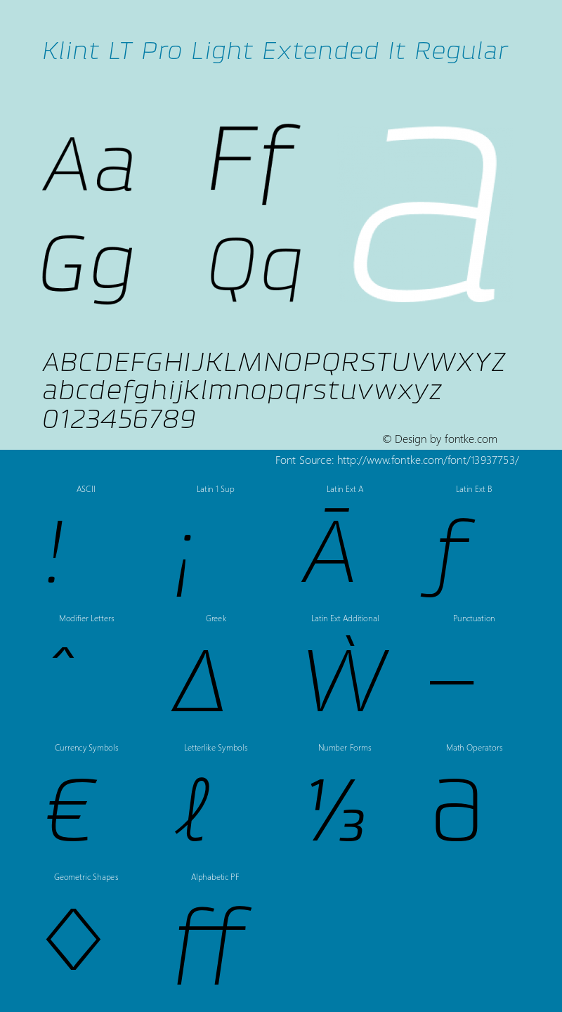 Klint LT Pro Light Extended It Regular Version 1.00 Font Sample