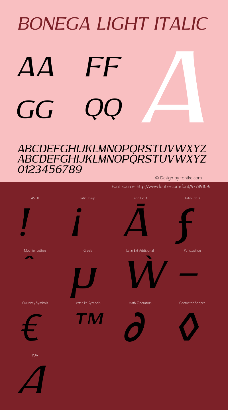 Bonega Light Italic 1.000 Font Sample