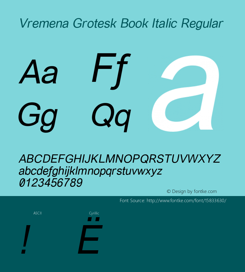 Vremena Grotesk Book Italic Regular Version 001.001 ; ttfautohint (v1.4.1) Font Sample