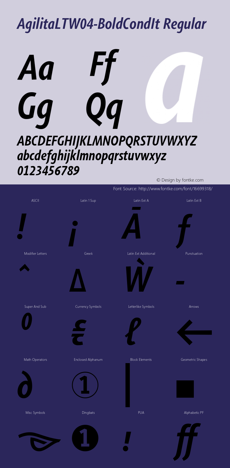 AgilitaLTW04-BoldCondIt Regular Version 1.10 Font Sample