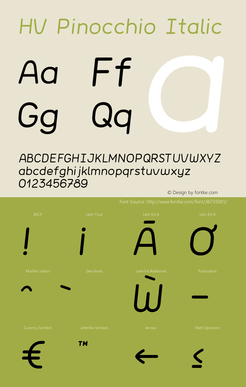 HV Pinocchio Italic Version 1.000;PS 001.000;hotconv 1.0.88;makeotf.lib2.5.64775 Font Sample