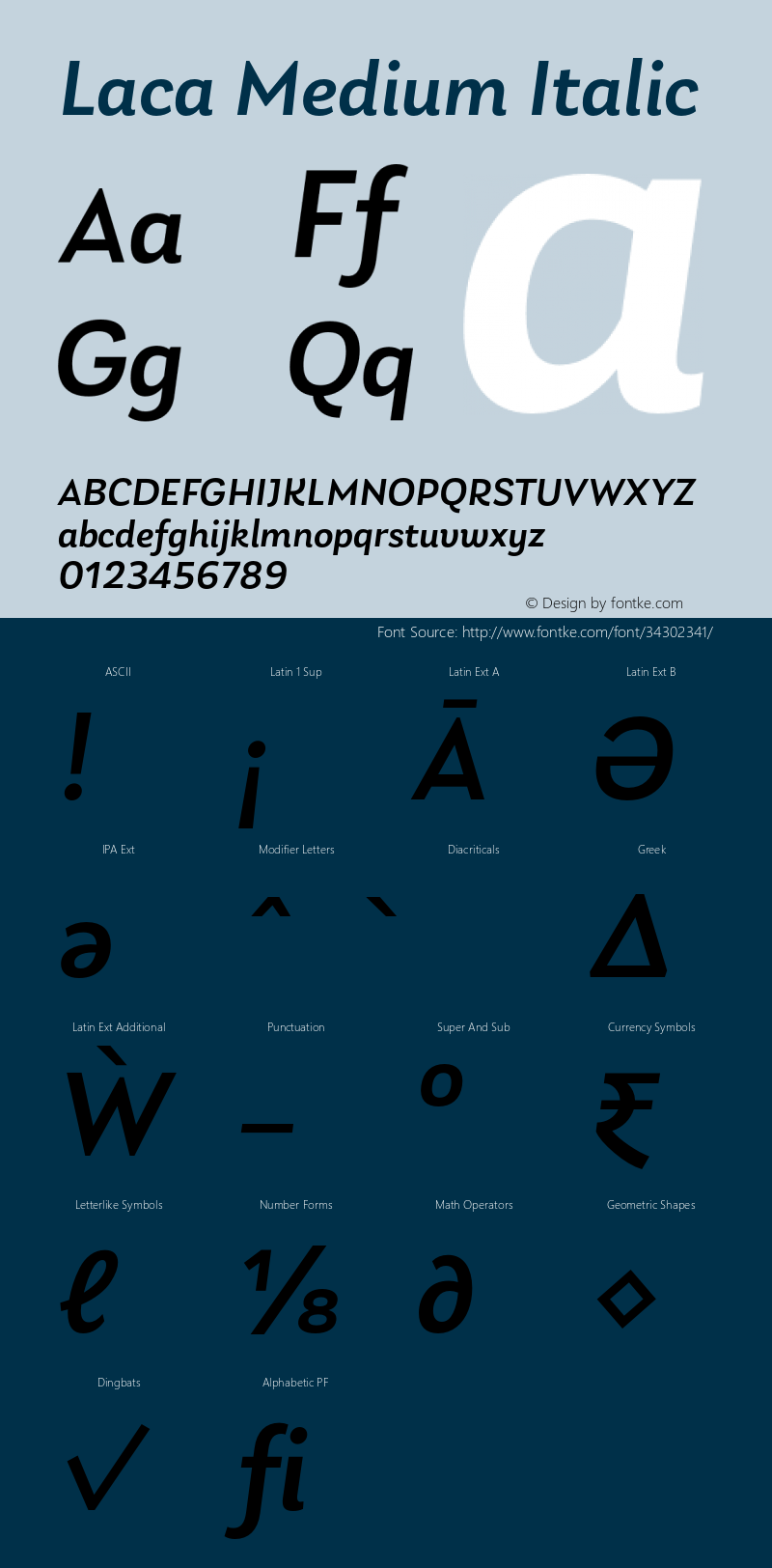 Laca-MediumItalic Version 1.005;PS 001.005;hotconv 1.0.88;makeotf.lib2.5.64775 Font Sample