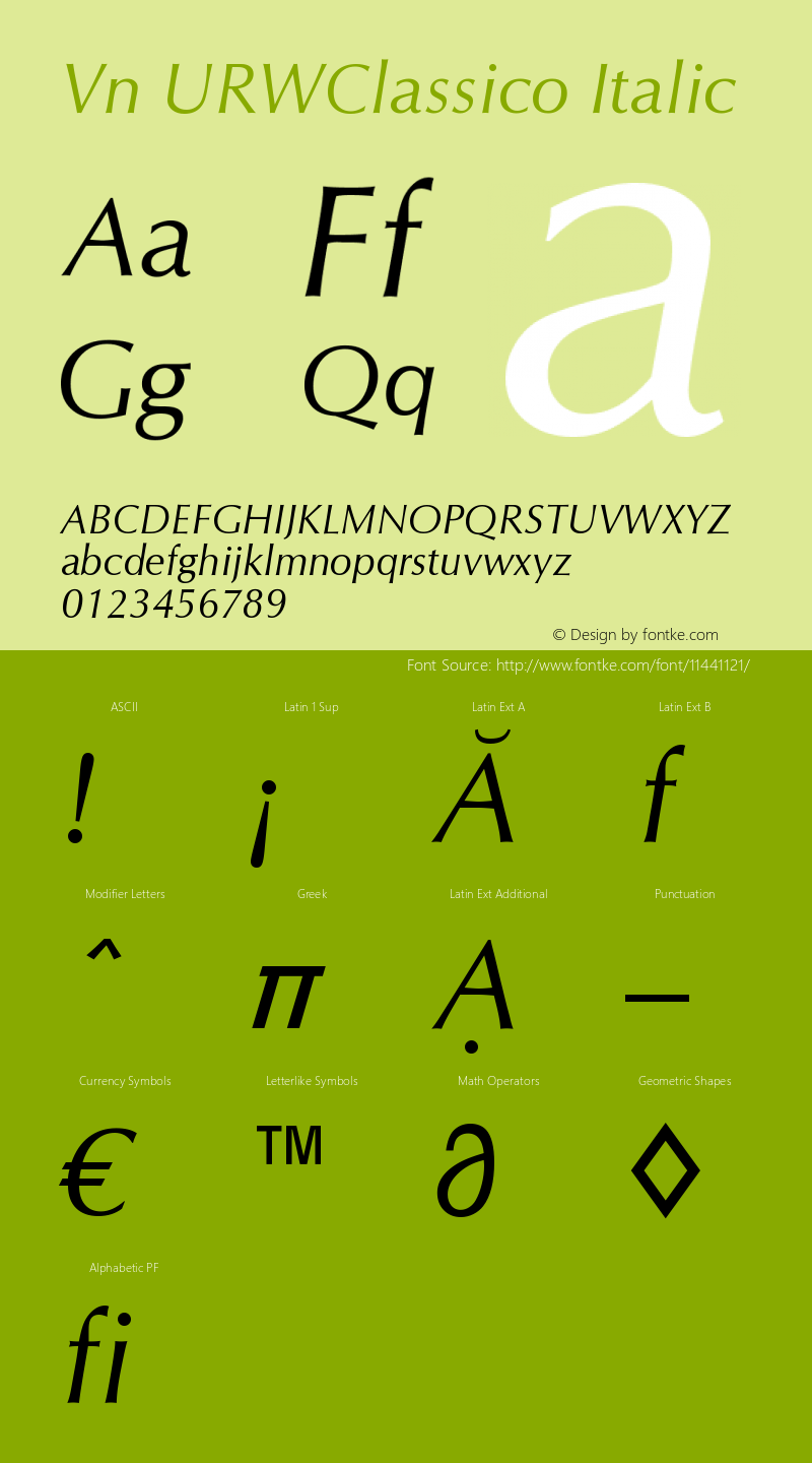 Vn URWClassico Italic Version 1.05 Font Sample