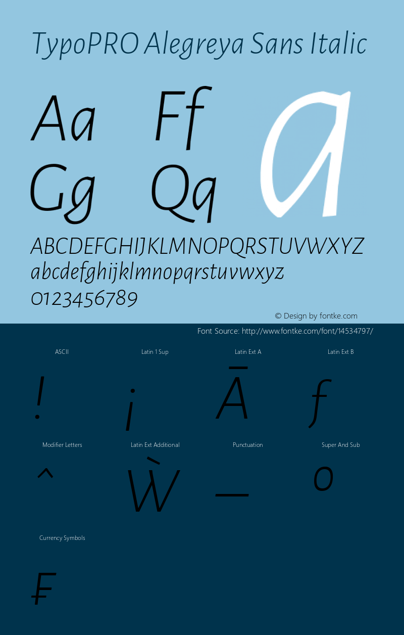 TypoPRO Alegreya Sans Italic Version 1.000;PS 001.000;hotconv 1.0.70;makeotf.lib2.5.58329 DEVELOPMENT Font Sample