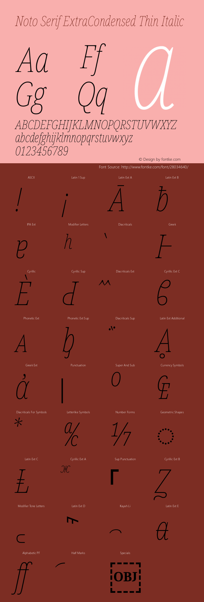 Noto Serif ExtraCondensed Thin Italic Version 2.001 Font Sample