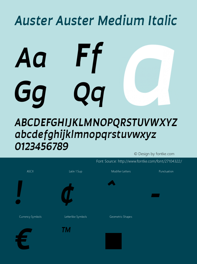 Auster Auster Medium Italic Version 1.000;PS 001.000;hotconv 1.0.88;makeotf.lib2.5.64775 Font Sample