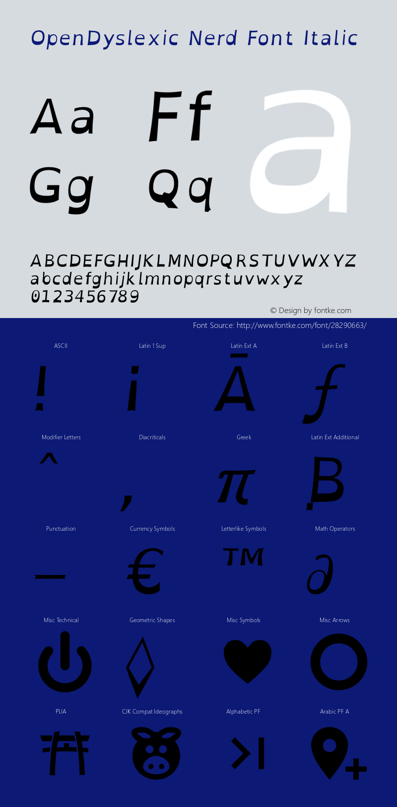 OpenDyslexic Italic Nerd Font Complete Version 2.001;PS 002.001;hotconv 1.0.70;makeotf.lib2.5.58329 Font Sample