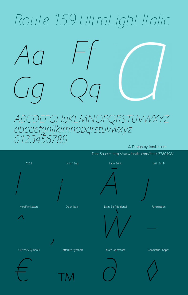 Route 159 UltraLight Italic Version 1.100;PS 001.100;hotconv 1.0.88;makeotf.lib2.5.64775 Font Sample