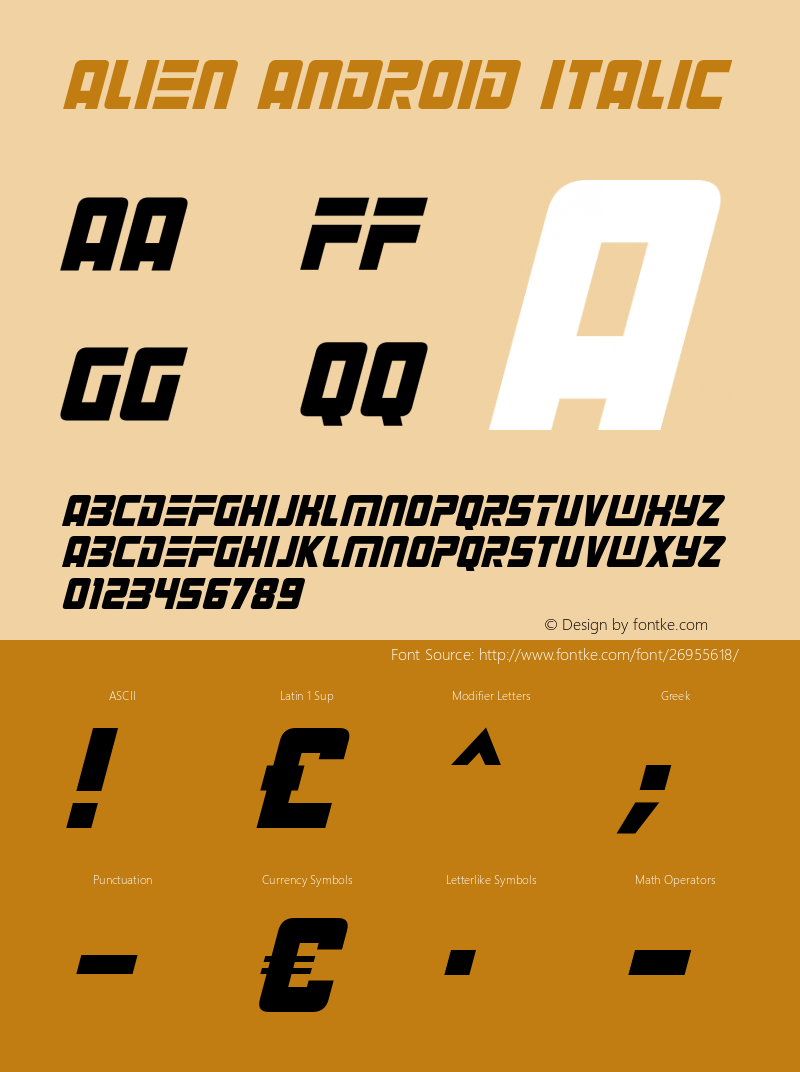 Alien Android Italic Version 1.00 September 20, 2018, initial release Font Sample