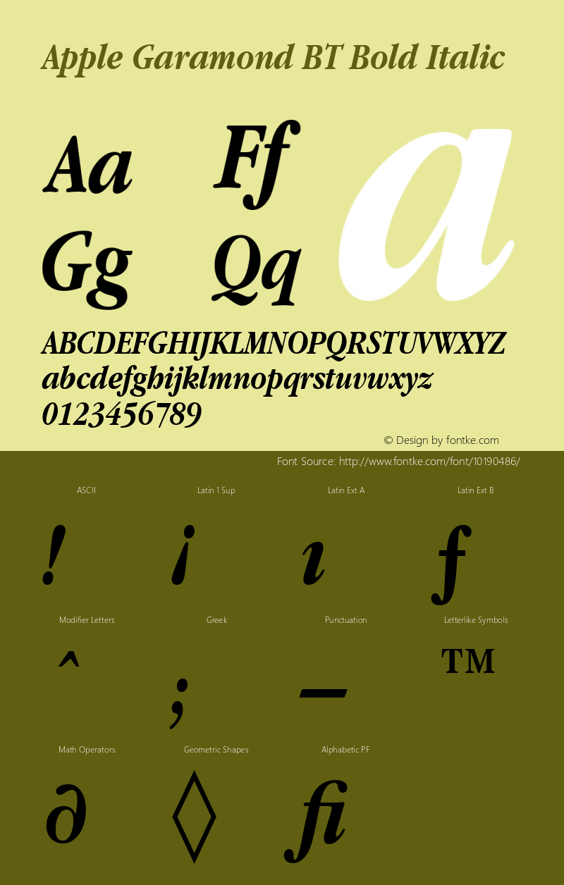 Apple Garamond BT Bold Italic 4 Mar 1991 Font Sample