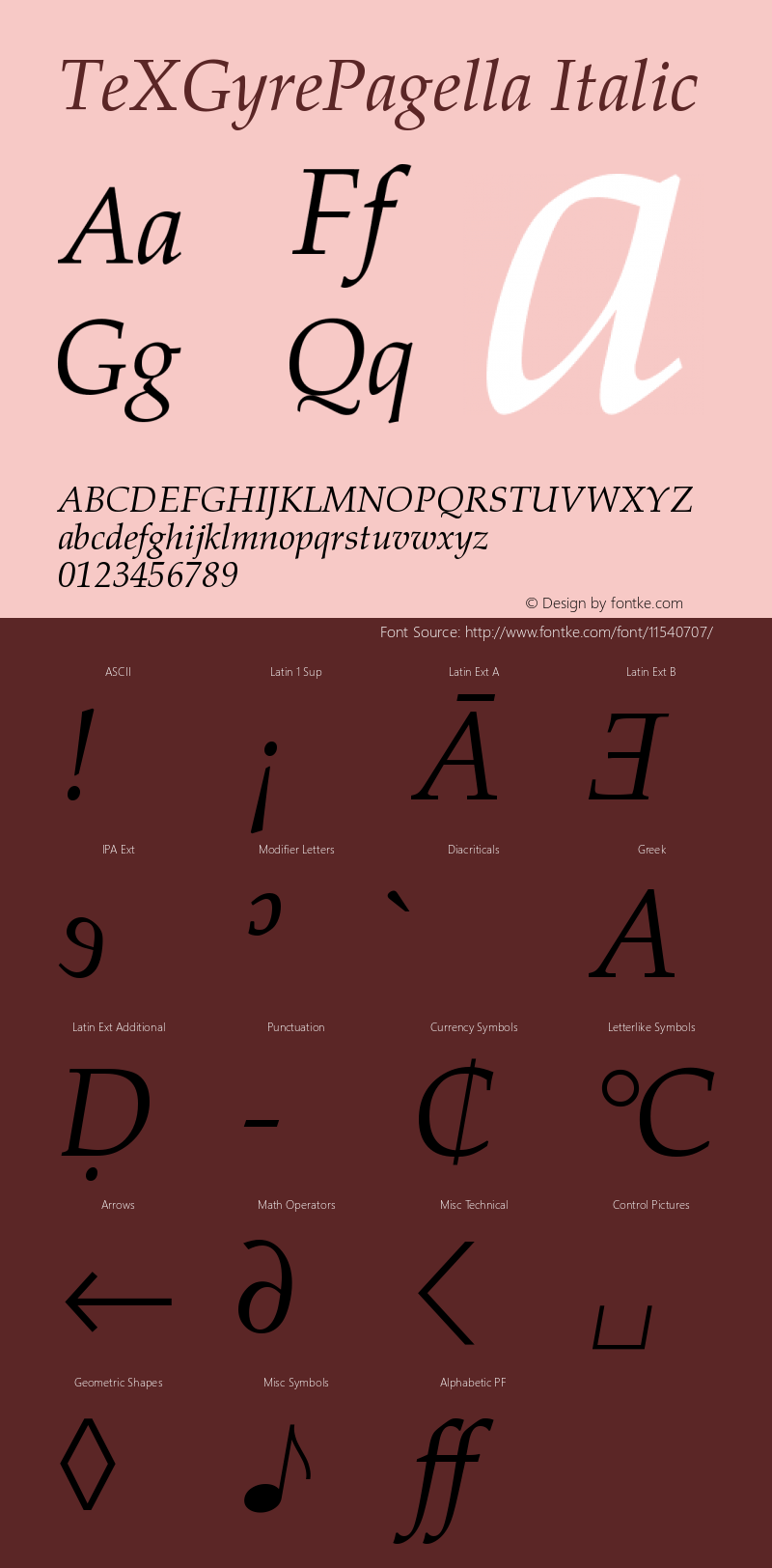 TeXGyrePagella Italic Version 2.004 Font Sample