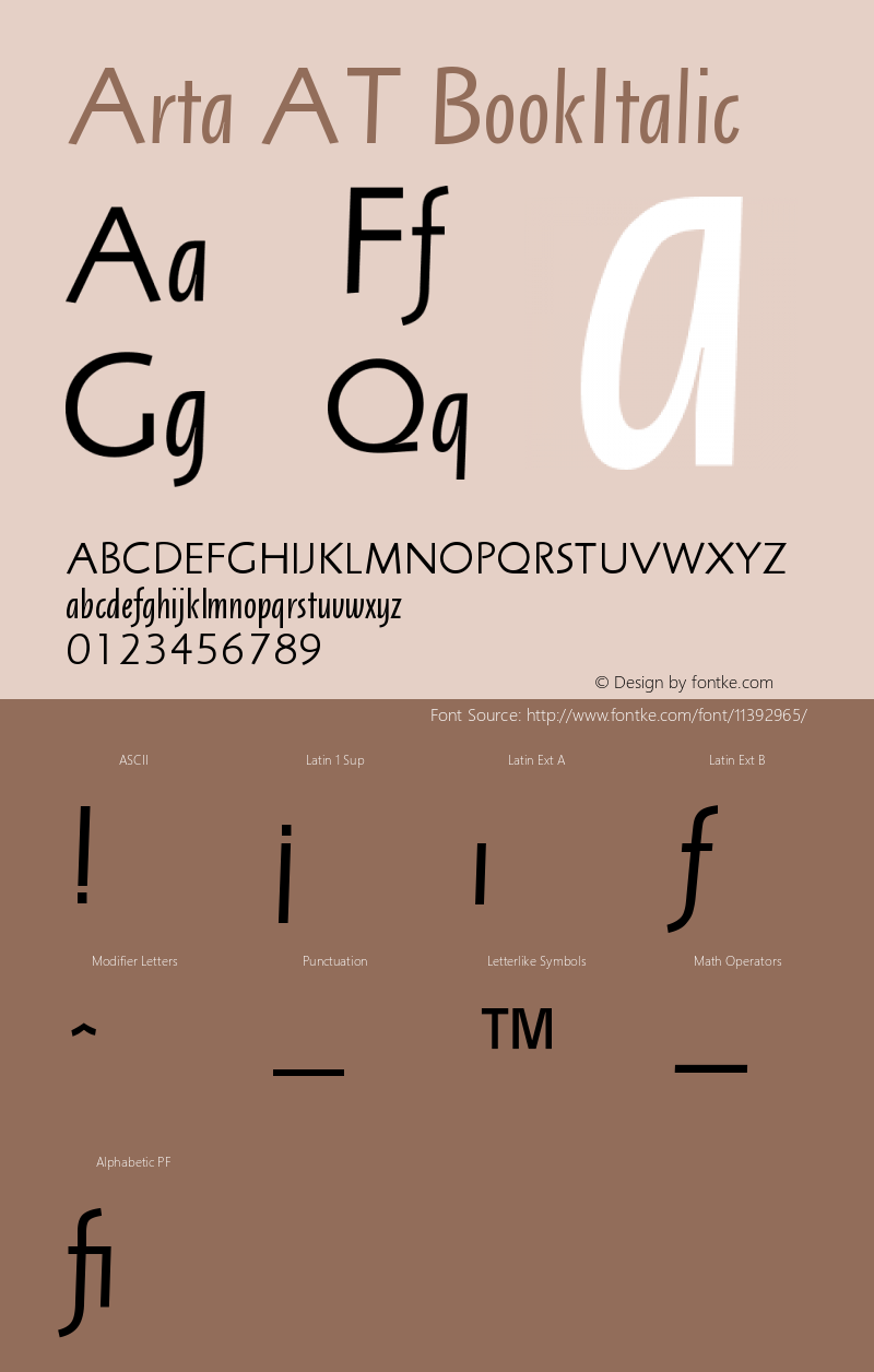 Arta AT BookItalic Version 001.000 Font Sample