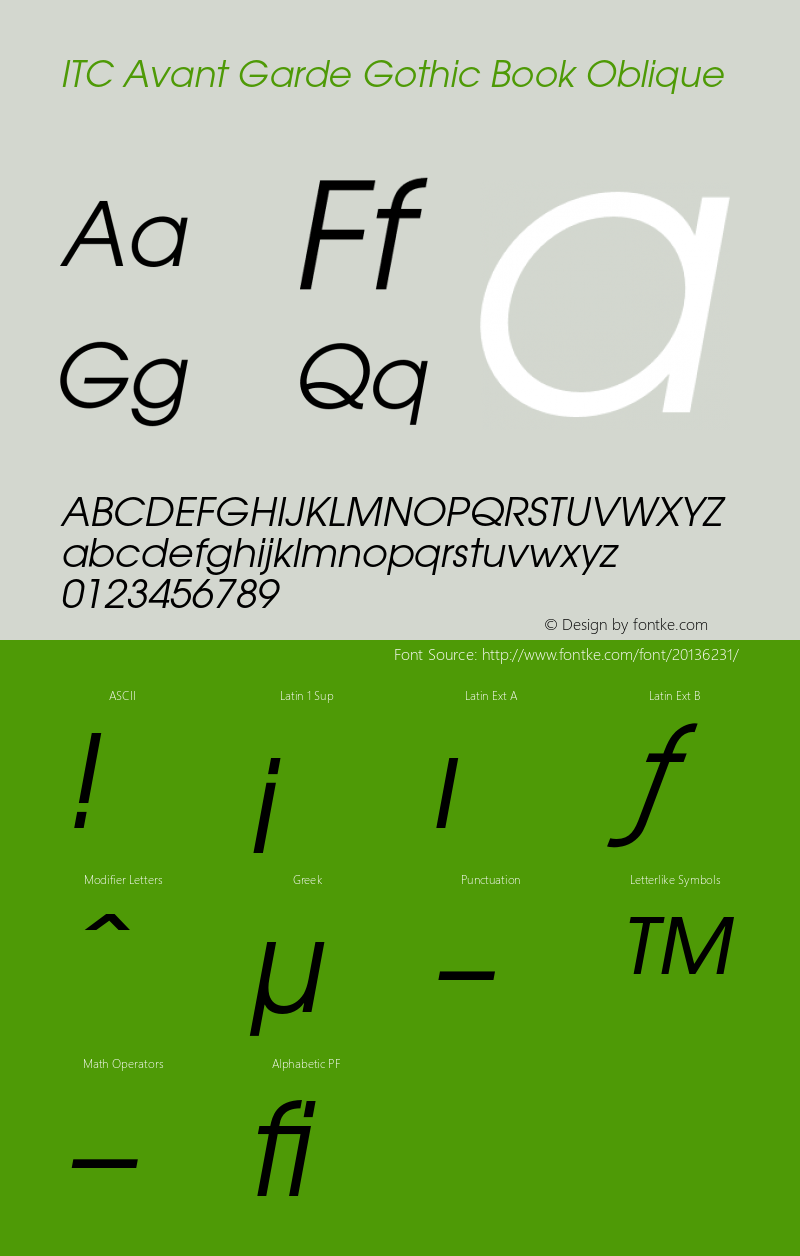 AvantGarde-BookOblique Version 001.006 Font Sample