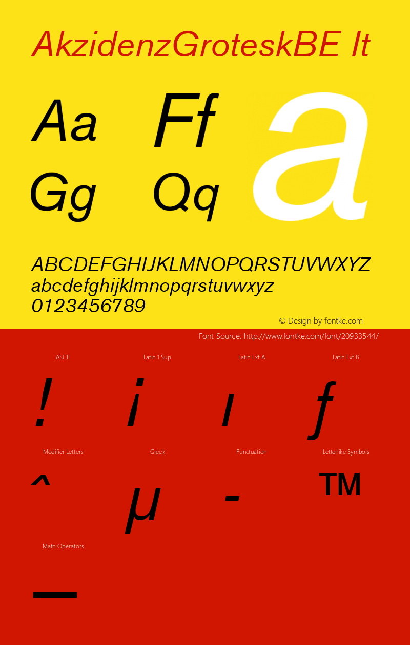 AkzidenzGroteskBE It Macromedia Fontographer 4.1.5 1/02/05 Font Sample