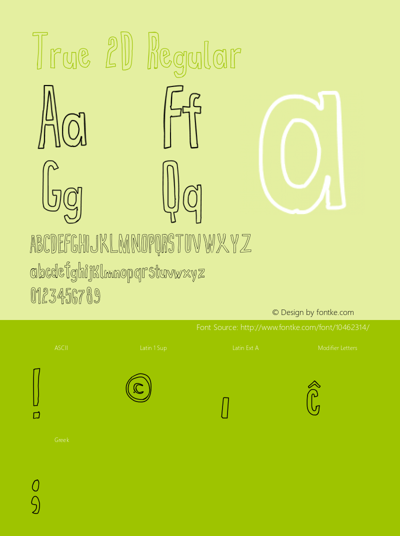 True 2D Regular Version 1.00 December 30, 2012, initial release Font Sample