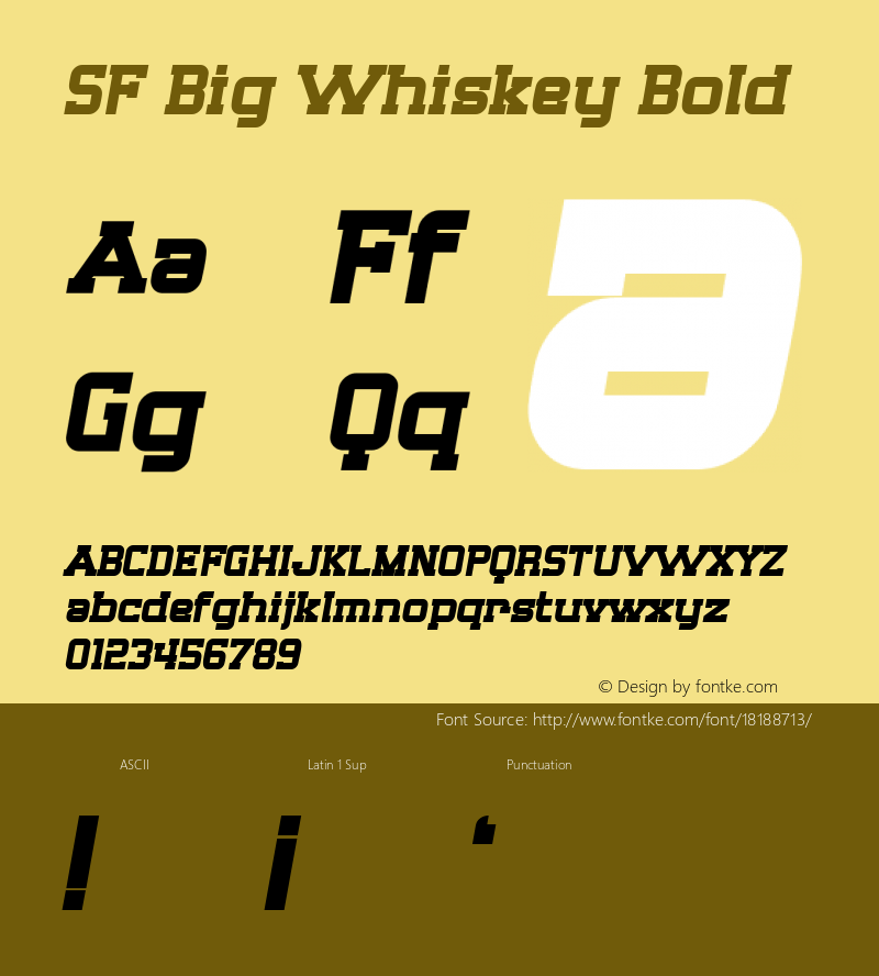 SF Big Whiskey Bold ver 1.0; 1999. Freeware for non-commercial use. Font Sample