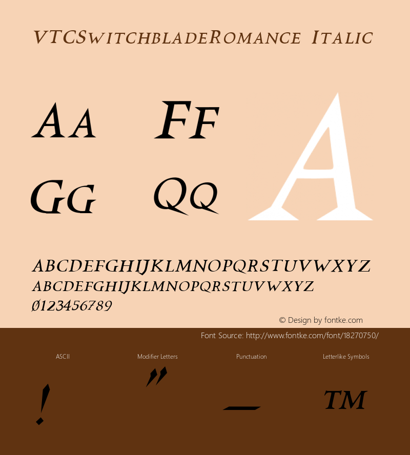 VTCSwitchbladeRomance Italic 1999; 1.0, initial release Font Sample