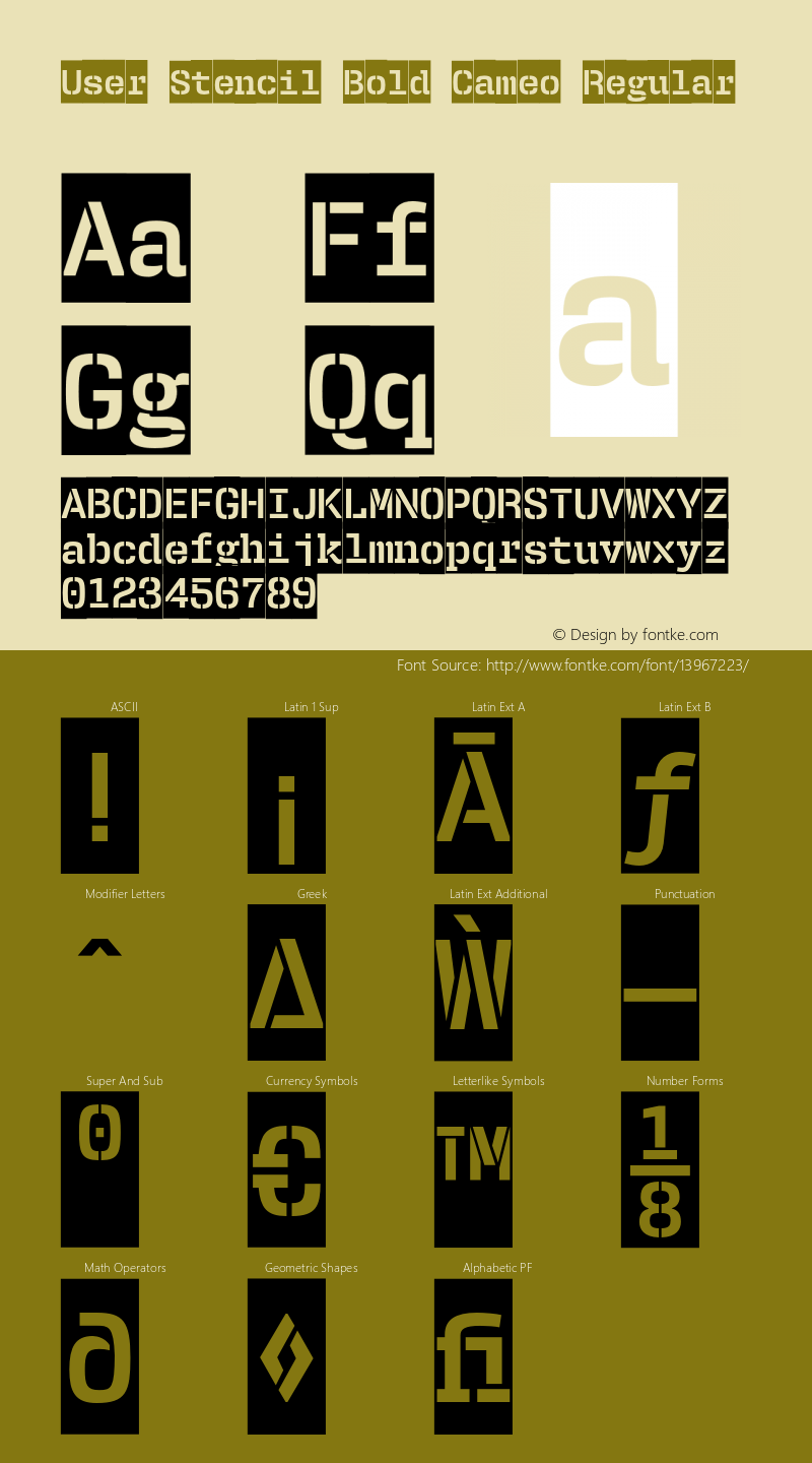 User Stencil Bold Cameo Regular Version 1.001;PS 001.001;hotconv 1.0.56;makeotf.lib2.0.21325 Font Sample