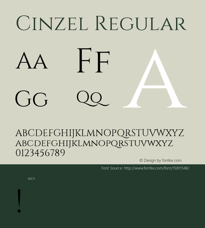 Cinzel Regular Version 1.001;PS 001.001;hotconv 1.0.56;makeotf.lib2.0.21325; ttfautohint (v1.4.1) Font Sample