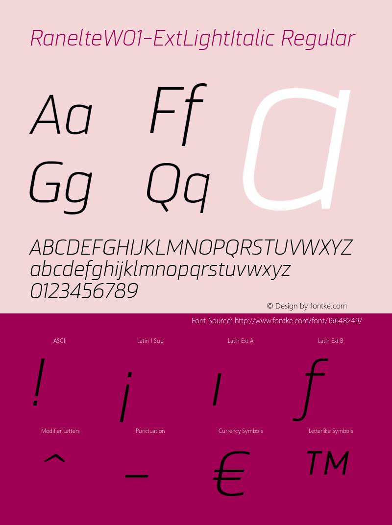 RanelteW01-ExtLightItalic Regular Version 1.00 Font Sample