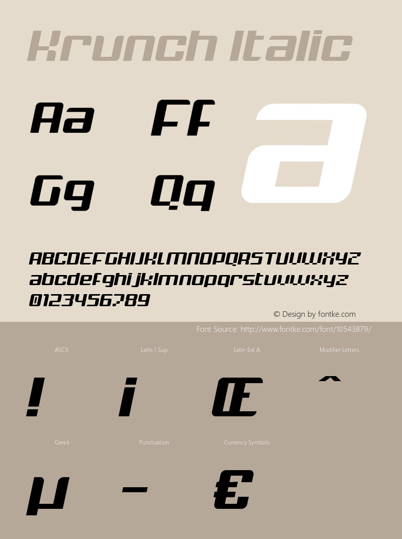 Krunch Italic Version 1.000 2014 initial release Font Sample